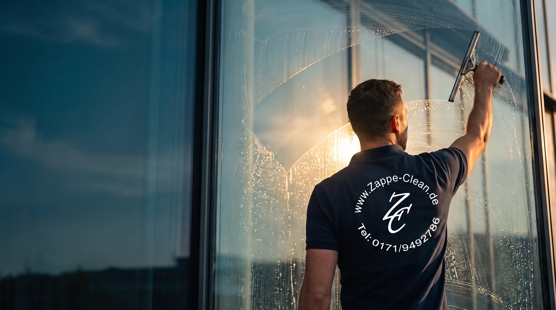 KI-generierte Visualisierung Zappe-Clean Mitarbeiter reinigt eine Glasfassade